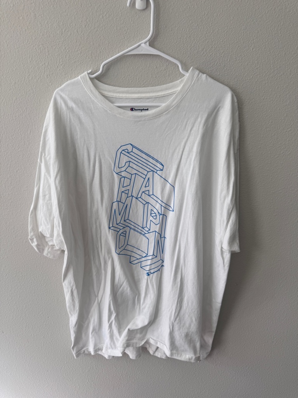 Champion White Tee with Blue Logo Print